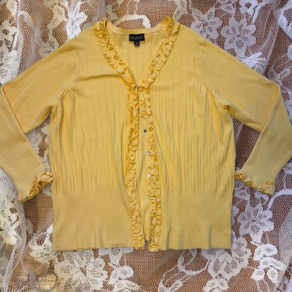 Dialogue Yellow Ruffle Ribbed Cardigan Sweater Plus Size 2XL Femme Twee Coquette